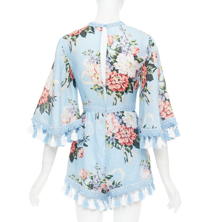 ALICE MCCALL Magic Moment blue linen floral fringed trim playsuit UK6 XS