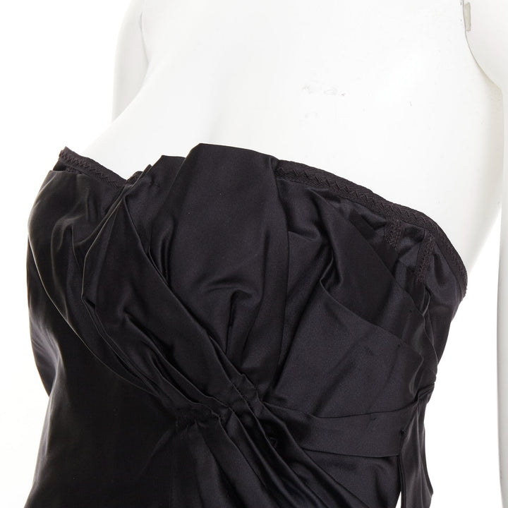 PRADA black silk asymmetric gathered drape corset lined strapless dress IT38 XS