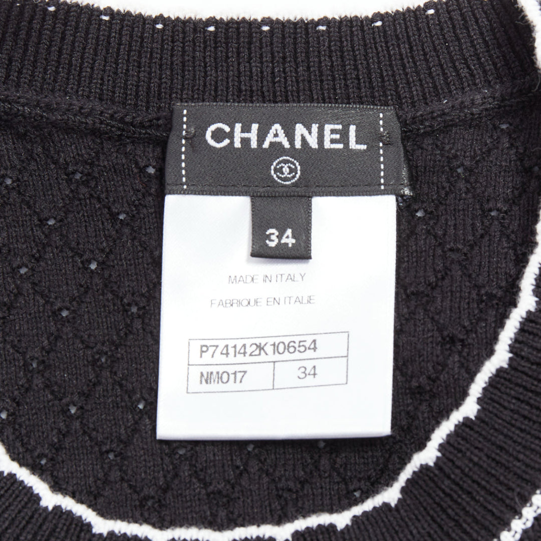 CHANEL 23C black cotton CC No.5 bead broderie pointelle dress FR34 XS