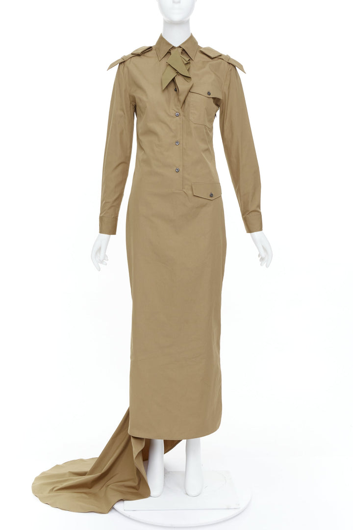 PRADA 2023 Runway brown poplin necktie safari utility shirt trail gown IT38 XS