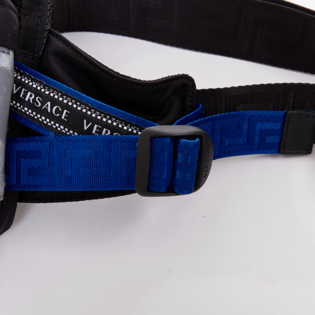 VERSACE reflective logo black nylon Greca strap crossbody belt waist bag