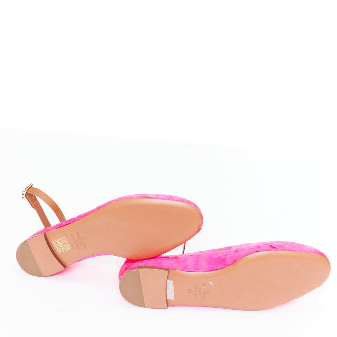 VALENTINO hot fuchsia pink turkey feather leather ankle strap flats EU37