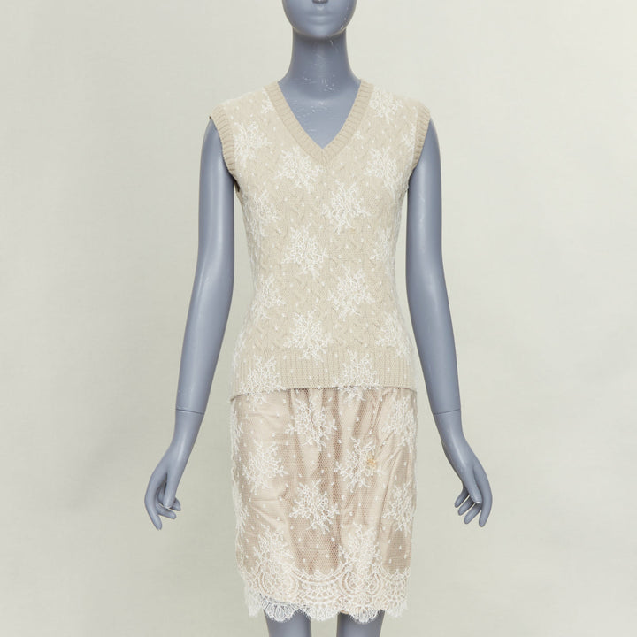 LOUIS VUITTON beige wool cream lace overlay V neck sleeveless knit dress S