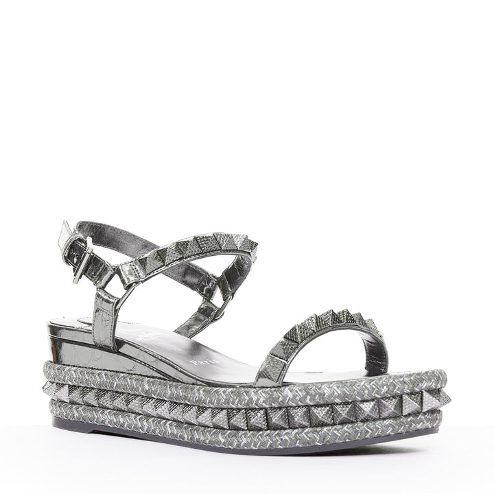 CHRISTIAN LOUBOUTIN Pyraclou 60 Anthracite silver studded espadrille sandal EU37
