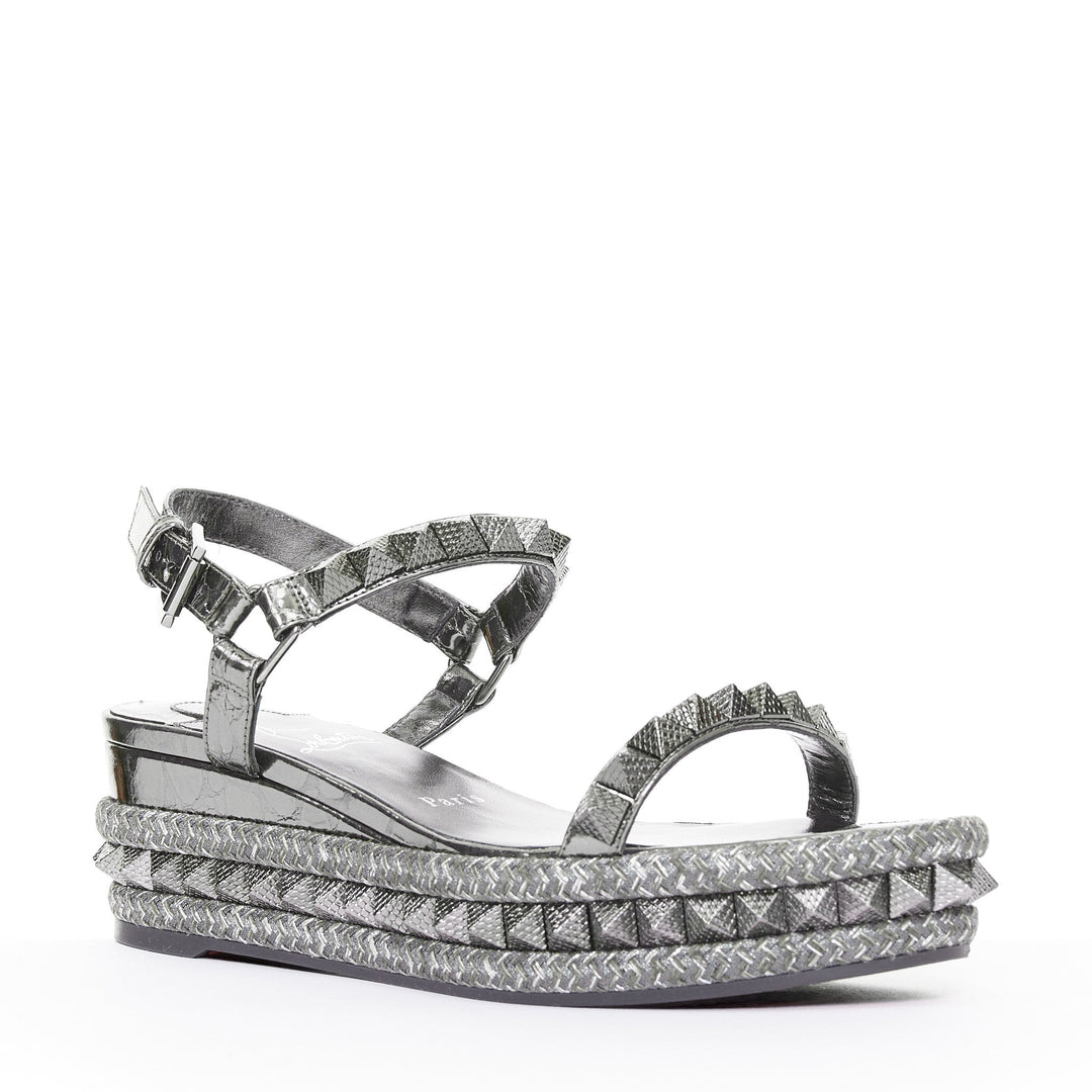 CHRISTIAN LOUBOUTIN Pyraclou 60 Anthracite silver studded espadrille sandal EU38