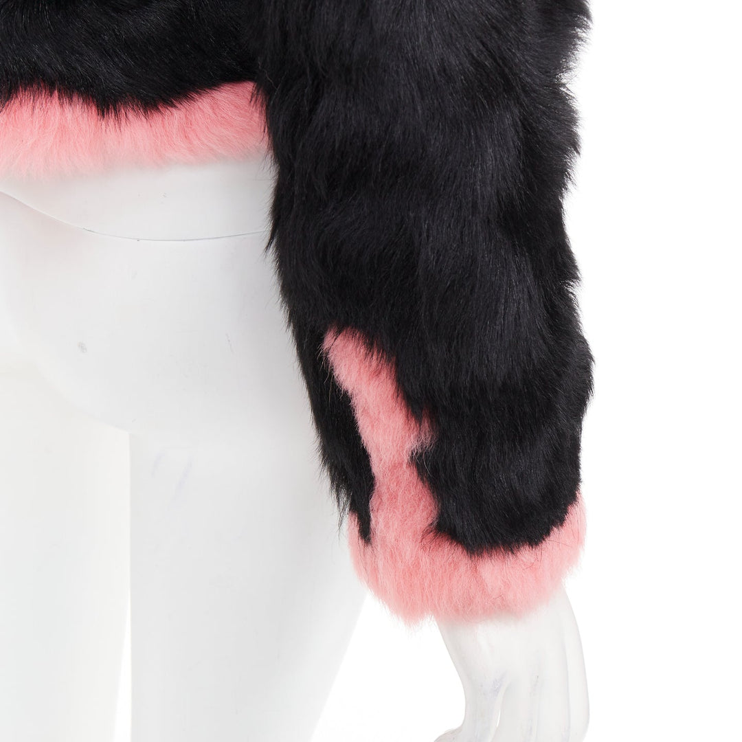 rare CHANEL 21K black pink shearling fur CC crystal button 4 pocket jacket FR36