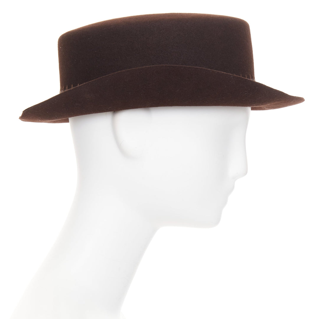 CHANEL 2014 Runway Paris-Dallas brown rabbit hair felt CC topstitch hat M