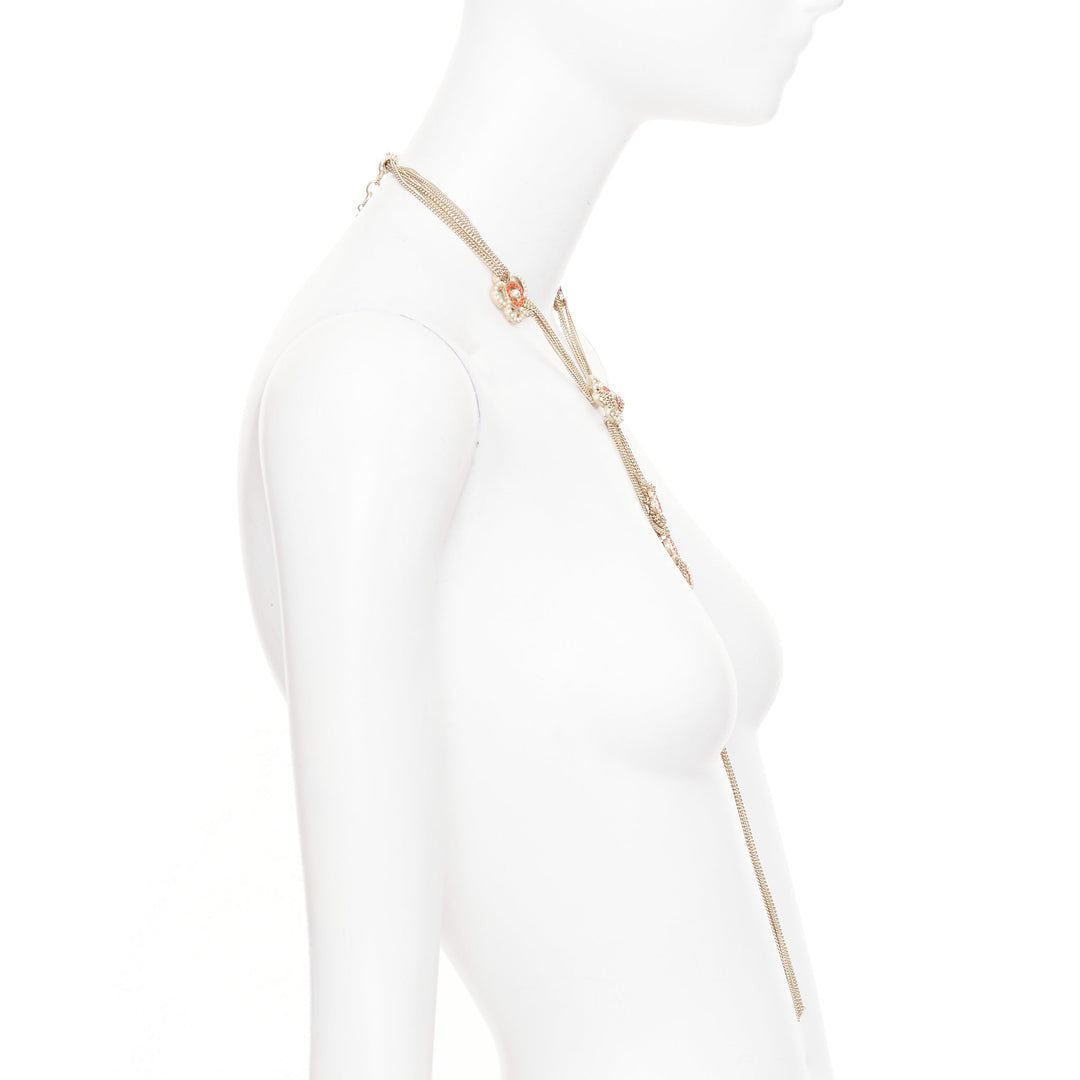 CHANEL A16P gold tone Camellia floral pearl fringe CC station sautoir necklac
