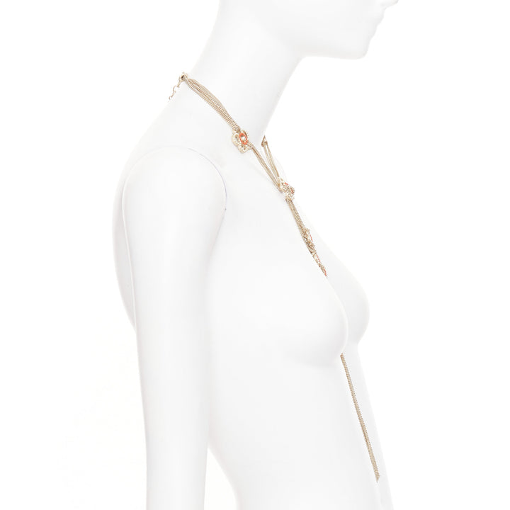 CHANEL A16P gold tone Camellia floral pearl fringe CC station sautoir necklac