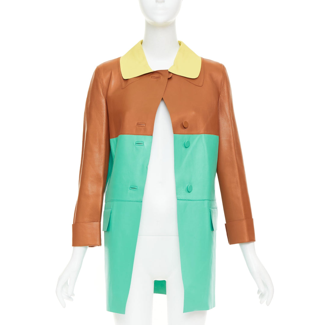 MARNI SS2015 yellow tan turquoise colorblocked lambskin leather coat IT38 XS