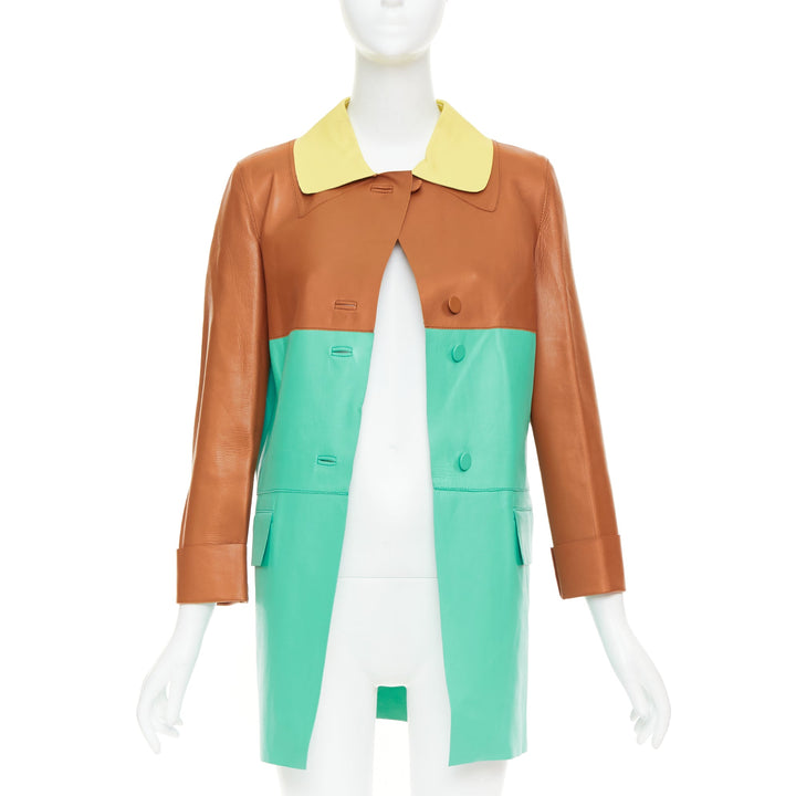 MARNI SS2015 yellow tan turquoise colorblocked lambskin leather coat IT38 XS