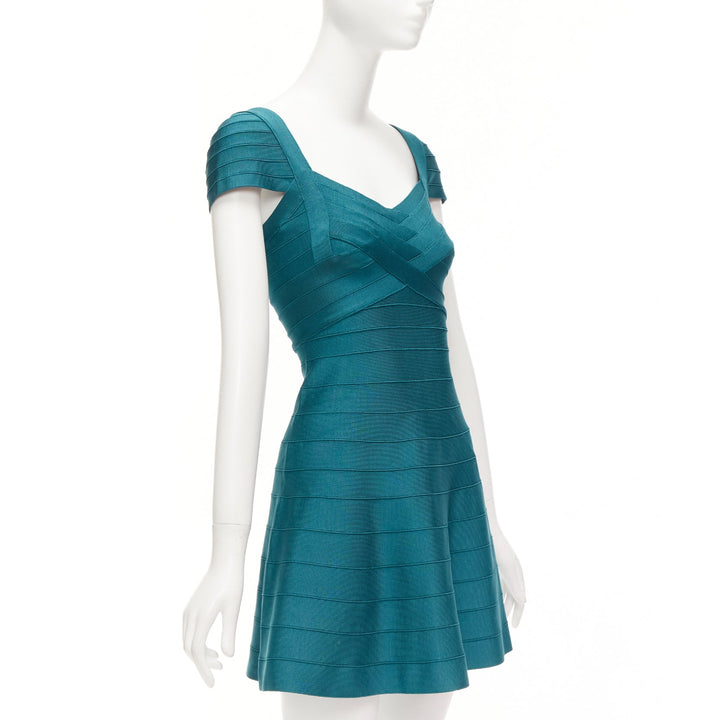 HERVE LEGER teal green cap sleeve sweetheart fit flare bandage dress S HERVE LEGER teal green cap sleeve sweetheart fit flare bandage dress S