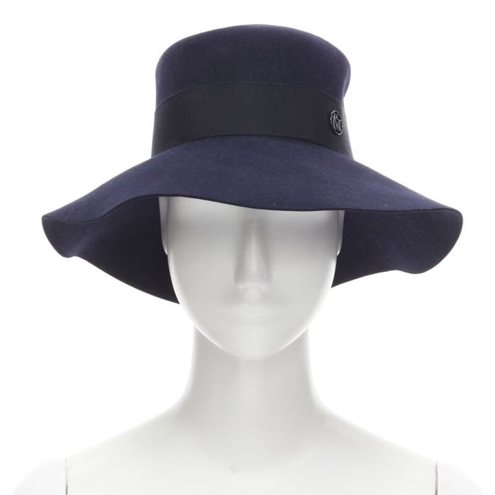 MAISON MICHEL navy blue black grosgrain M logo detail fedora hat S 56cm