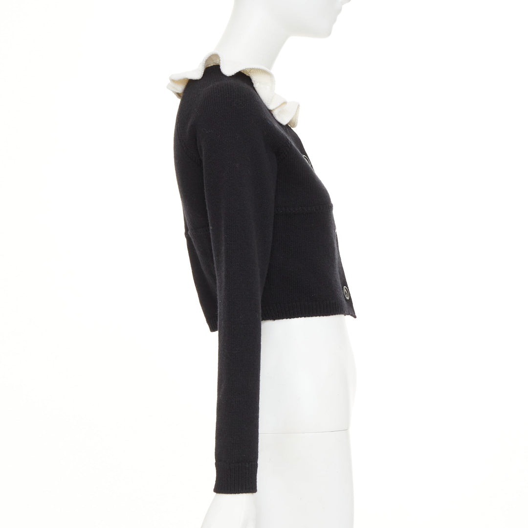 LOUIS VUITTON 2026 black cream wool blend ruffle collar gold button cardigan XXS