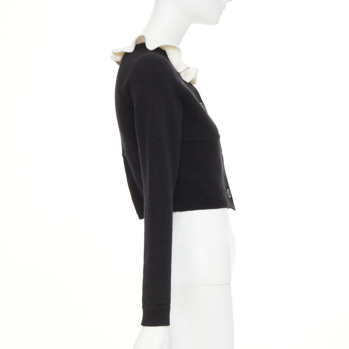 LOUIS VUITTON 2026 black cream wool blend ruffle collar gold button cardigan XXS