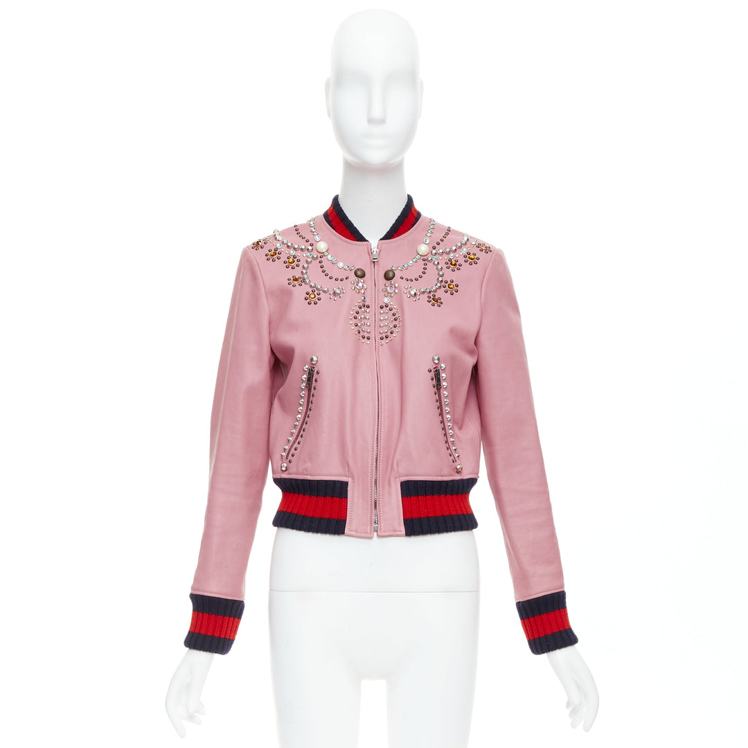 GUCCI pink lambskin pearl embellished web trim crop bomber IT40 S