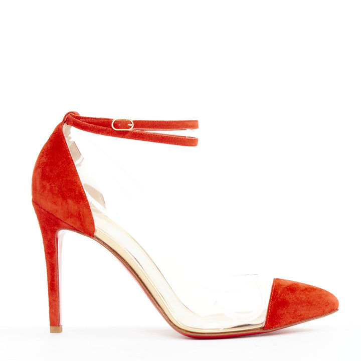 CHRISTIAN LOUBOUTIN Un Bout 100 Veau Velours mandarin red PVC pump EU37.5