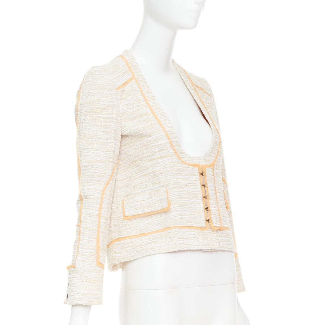 PROENZA SCHOULER 2011 beige cotton tweed orange trim scoop jacket US2 S