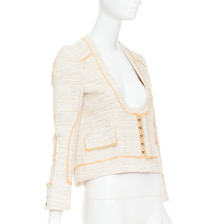 PROENZA SCHOULER 2011 beige cotton tweed orange trim scoop jacket US2 S
