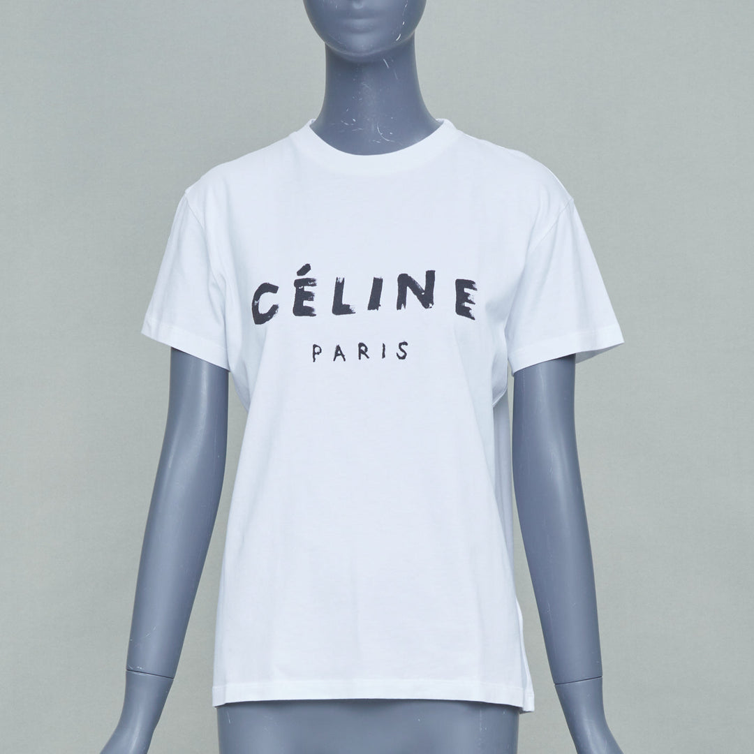 CELINE Phoebe Philo white printed painterly logo short sleeve cotton tshirt XS