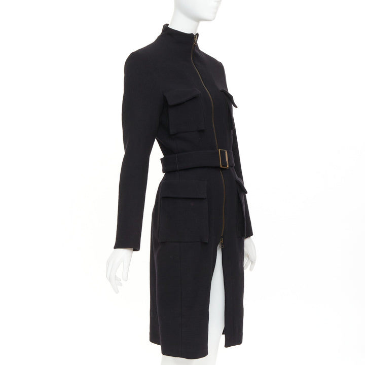 LANVIN 2003 black wool cargo pocket belted high neck zip front long coat FR36 S