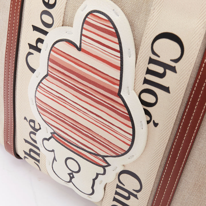 rare CHLOE My Melody Sanrio Woody beige canvas cream red leather patch tote bag