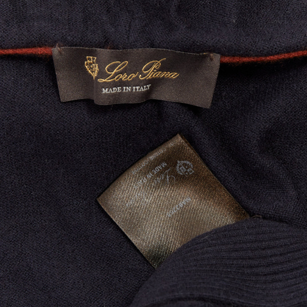 LORO PIANA navy cotton cashmere knit silver zip front hooded sweater hoodie M