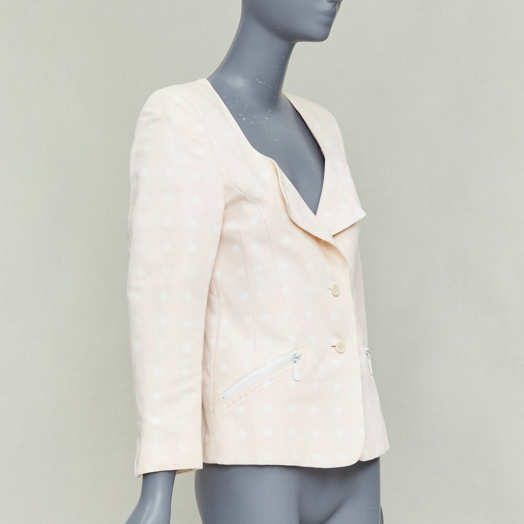 ESCADA Vintage pink cream polka dot cotton power shoulder blazer jacket IT36 XXS