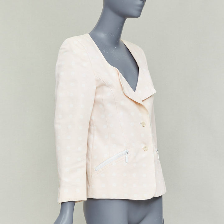 ESCADA Vintage pink cream polka dot cotton power shoulder blazer jacket IT36 XXS