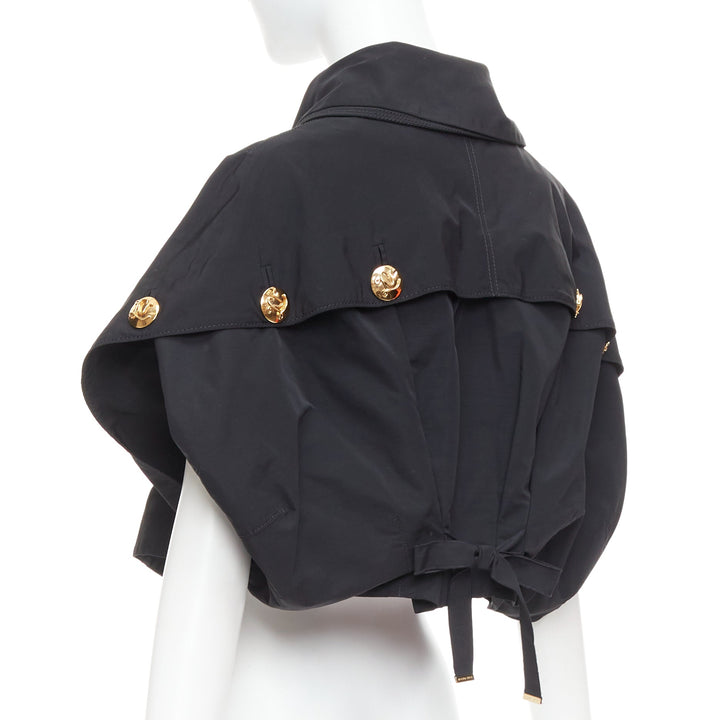 LOUIS VUITTON black georgette gold italic LV buttons cropped jacket FR34 XS