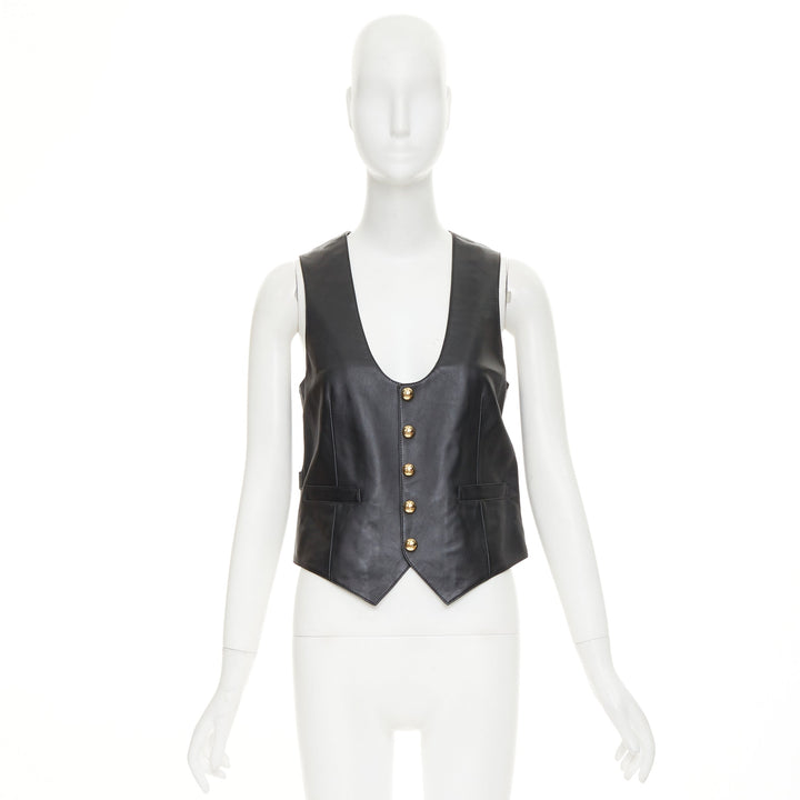 CELINE black lambskin leather gold Triomphe button waistcoat vest FR36 S