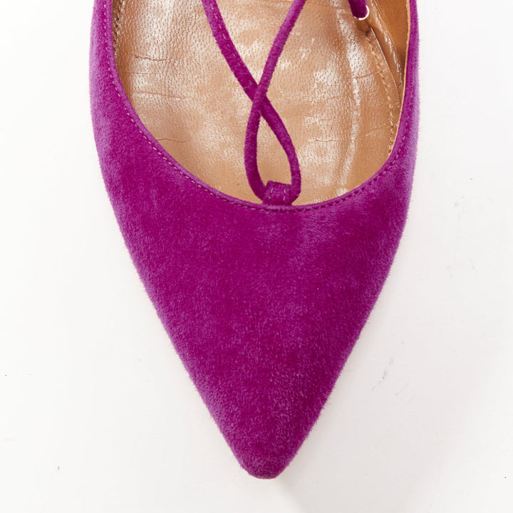 AQUAZZURA Belgravia purple suede leather pointy lace up gold heel flats EU37.5