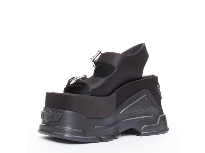 new VERSACE Anthem 120 Black satin silver Medusa buckle platform sandals EU38
