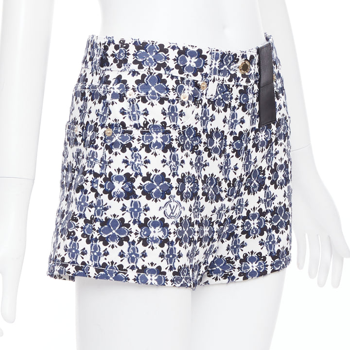 LOUIS VUITTON Flower Mosaic blue white logo floral print cotton shorts FR34 XS
