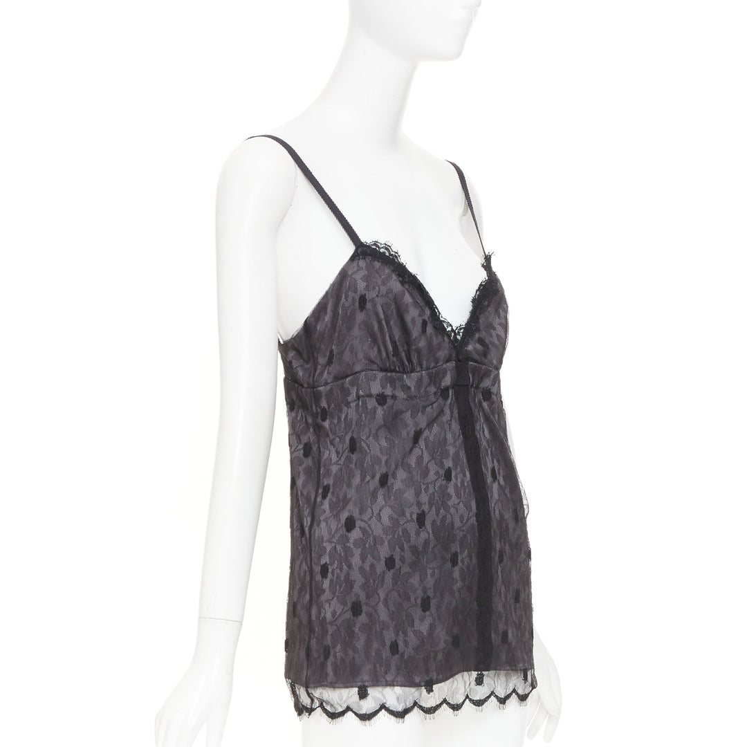 JOHN GALLIANO Vintage Joyce grey floral lace polka dot trim silk camisole top S