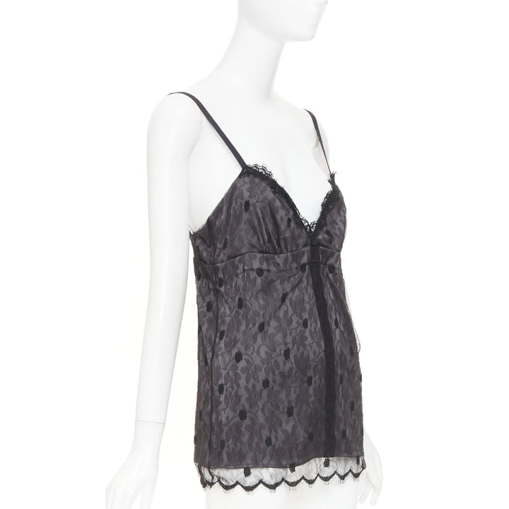 JOHN GALLIANO Vintage Joyce grey floral lace polka dot trim silk camisole top S