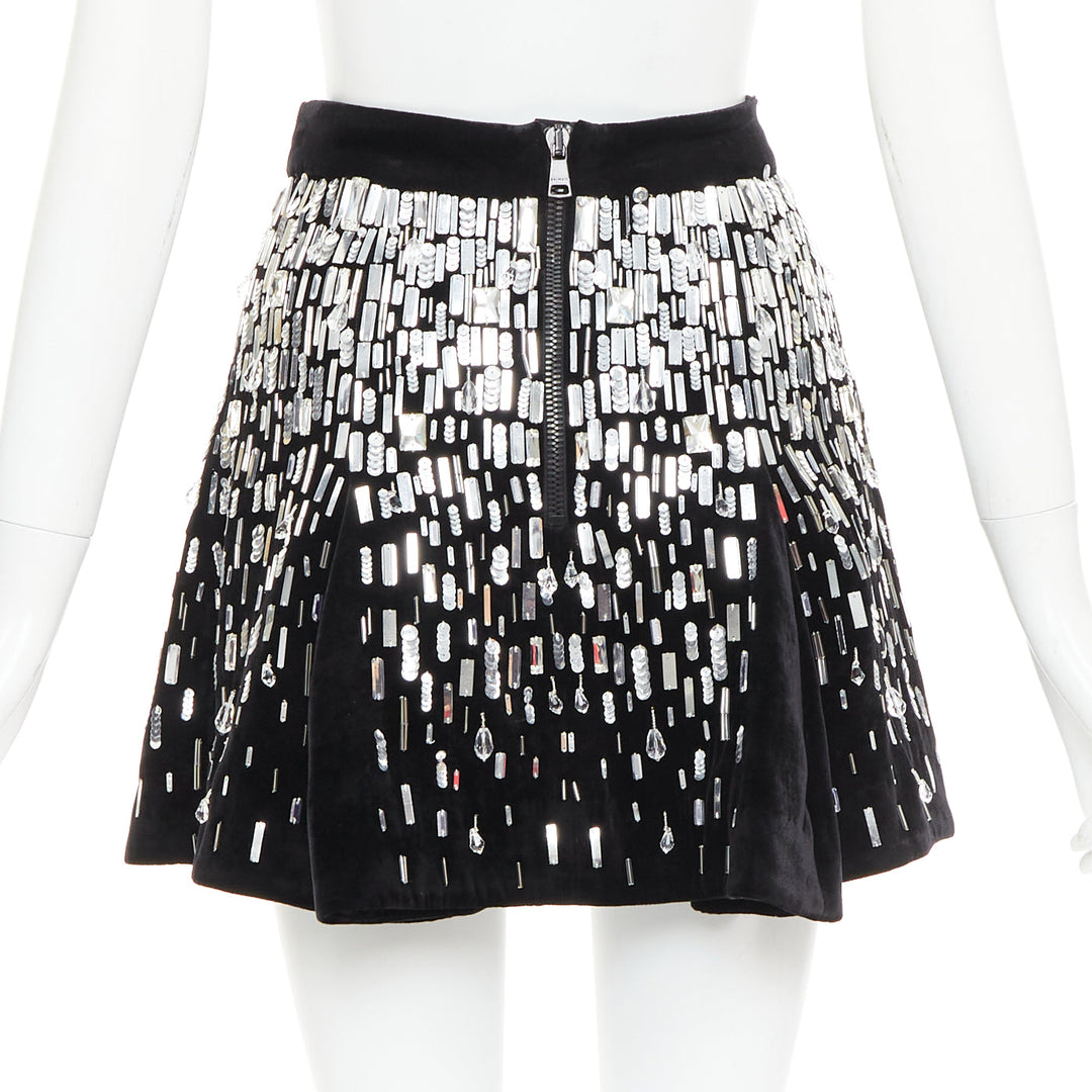 BALMAIN Embellished Skater black silver beads sequins flare mini skirt FR34 XS