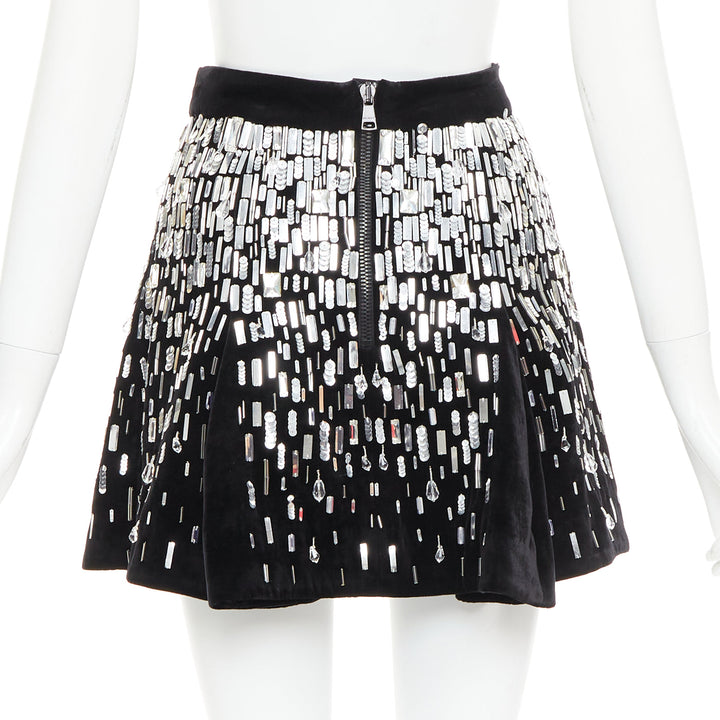 BALMAIN Embellished Skater black silver beads sequins flare mini skirt FR34 XS