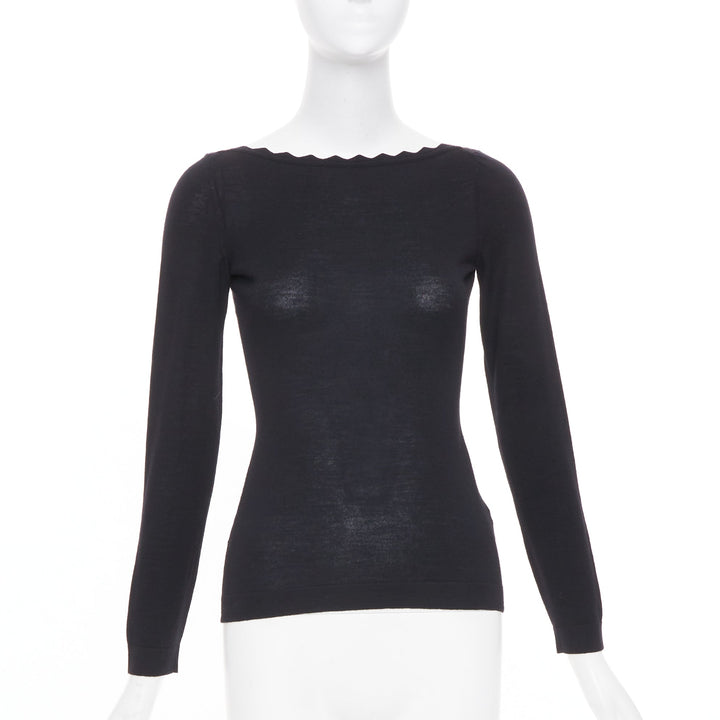 ALAIA virgin wool knit semi sheer black scalloped boat neck l/s top FR36 S