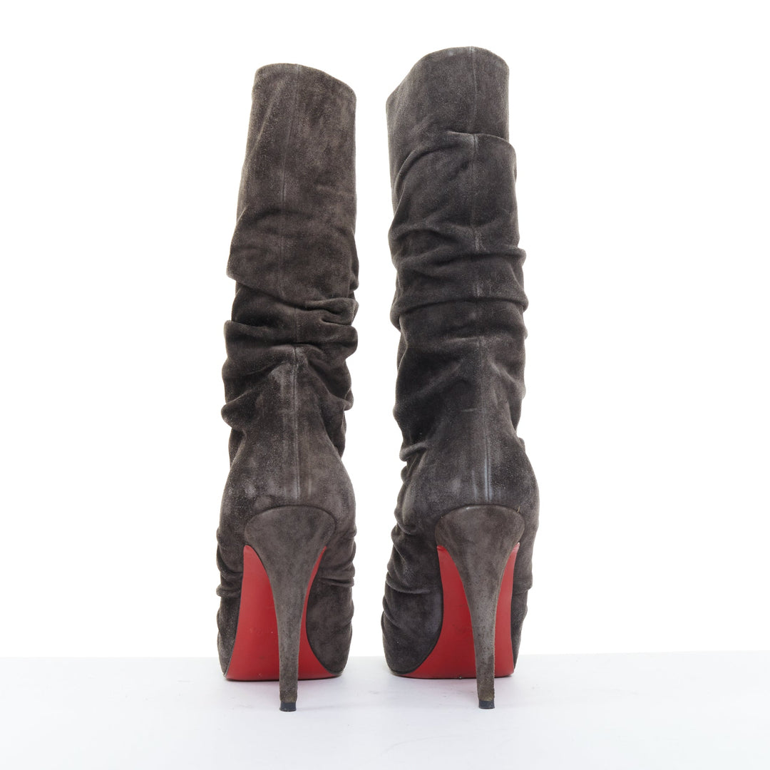 CHRISTIAN LOUBOUTIN Piros 120 charcoal gray suede ruched slouch boots EU37.5