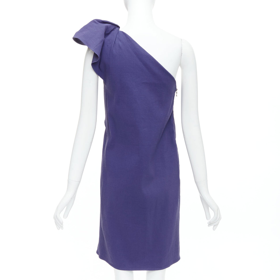 LANVIN 2015 deep purple linen one shoulder ruffle dress FR38 M