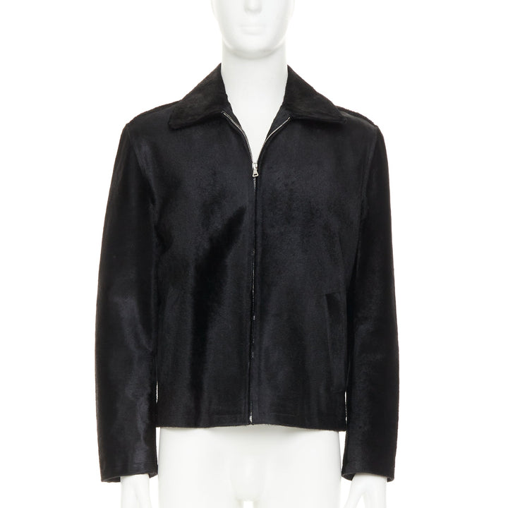 PRADA 1990s Vintage black horsehair leather pocketed boxy minimal jacket IT48 M