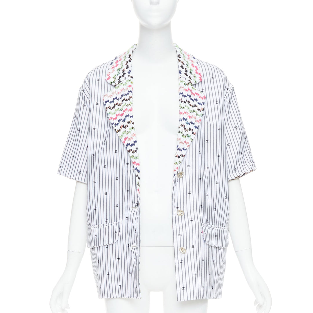 CHANEL 2021 multicolor tweed white CC logo stripe short sleeve jacket FR38 M