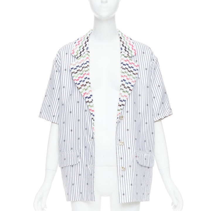 CHANEL 2021 multicolor tweed white CC logo stripe short sleeve jacket FR38 M