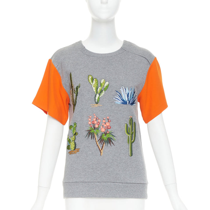 STELLA MCCARTNEY 2016 grey orange cotton embroidered Cactus sweater IT38 XS
