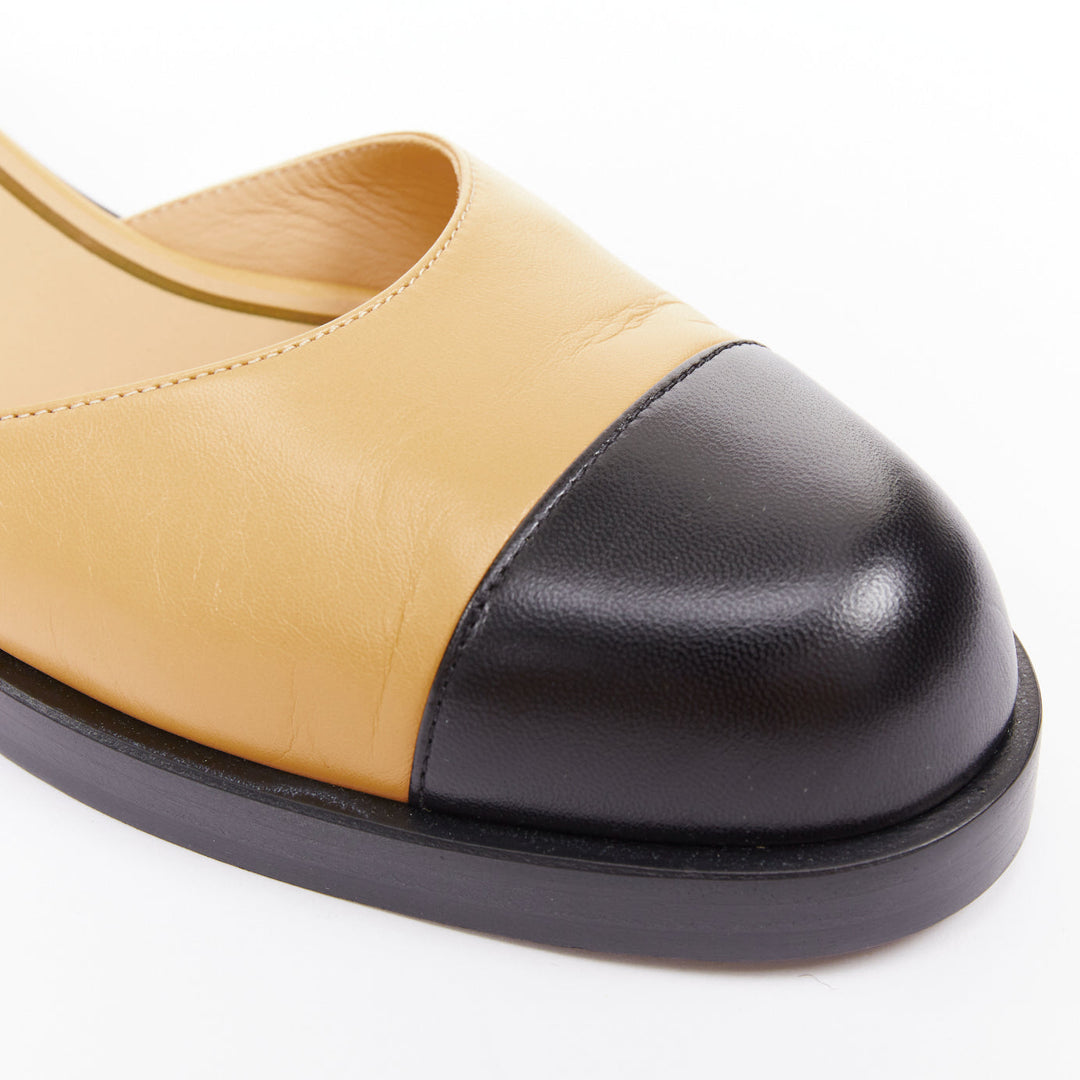 CHANEL 2023 beige lambskin interlocking CC black d'orsay mary jane flats EU39.5