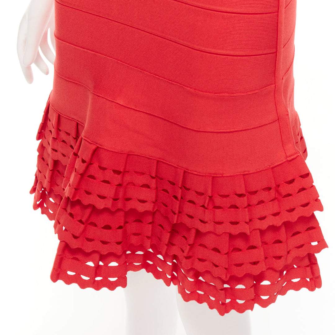 HERVE LEGER red cut out tiered ruffle hem bandage fit flared dress XS