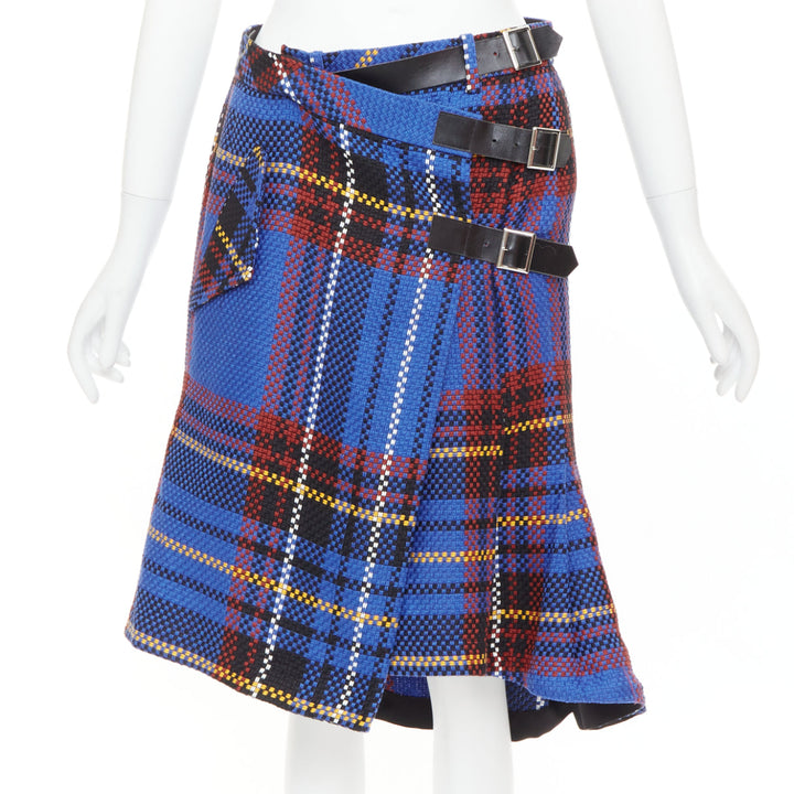 SACAI 2017 blue plaid check cotton blend leather buckle wrap kilt skirt JP2 M
