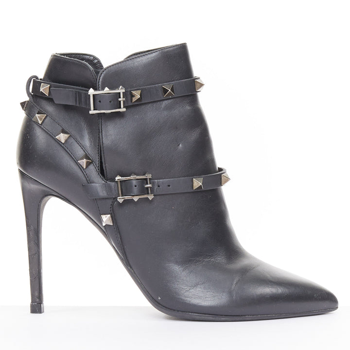 VALENTINO 2017 Rockstud leather caged wrap buckle stiletto ankle boots EU37.5