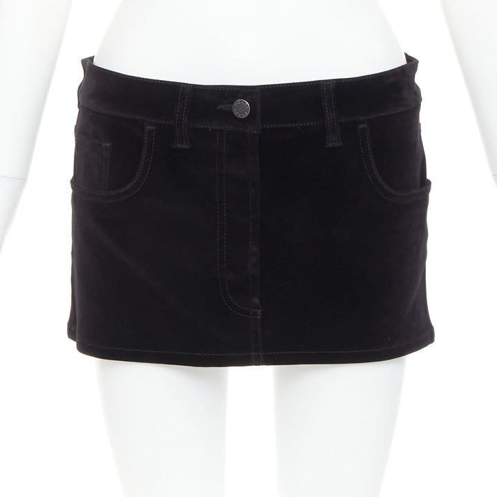 PRADA 2023 black velvet denim silver triangle logo low rise mini skirt IT40 S